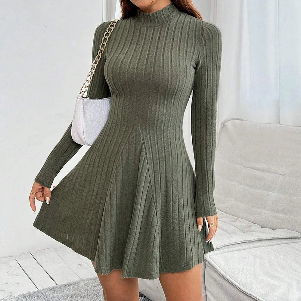 Elegantes Damenkleid mit Stehkragen – A-Linien-Schnitt & lange Ärmel